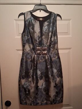 Eva Franco Cocktail Dress In Blue, Silver/grey With Rhinestone Buckle Detailing